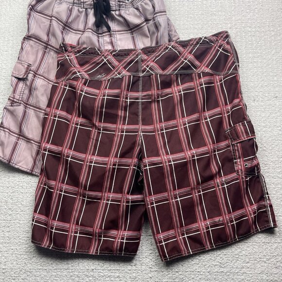 Lot x2 Y2K Burnside Cargo Board Shorts Men' L Red & Pink Plaid Surf Beach Summer - Picture 7 of 10